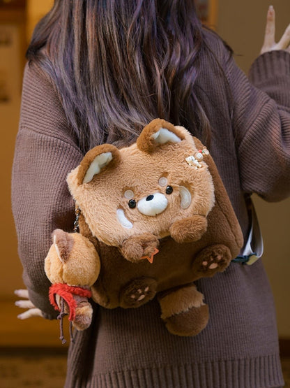 Brown Red Panda-shaped Plush Fold-over Flap Backpack Bag Middle/Large Size