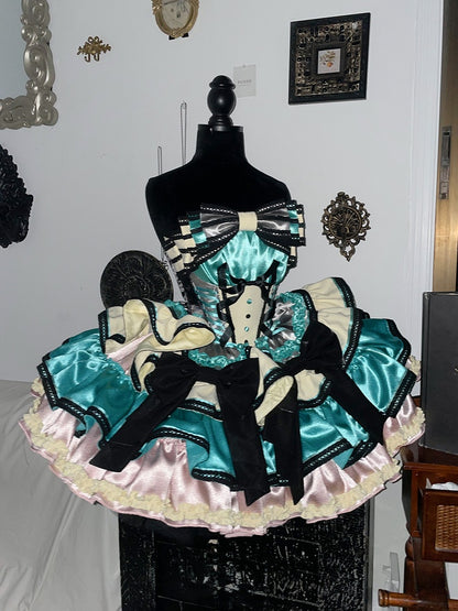 Pink Boned Basque Waist Puffy Dress with Bowknots and Big Padded Heart