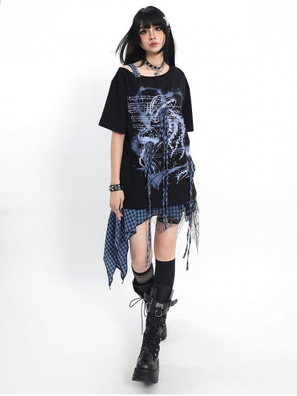 Asymmetrical Tee with Jellyfish Print and Bows - Catwish