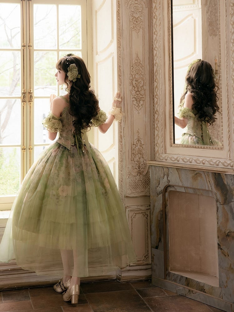 Green Oil Painting Lace-Up Corset Top - Nine Odes