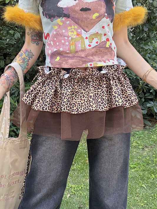 Y2K Accessoire Leopard Glamouröses Braun/Grau Muster Hosenbesatz Spitze