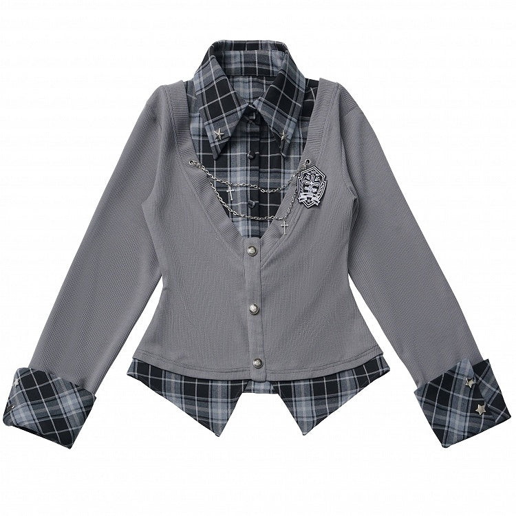 Academic Edgy Shirt Vibes Plaid Two-Piece Effortless Faux Gray –