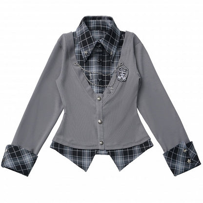 Academic Edgy Shirt Vibes Plaid Two-Piece Effortless Faux Gray –