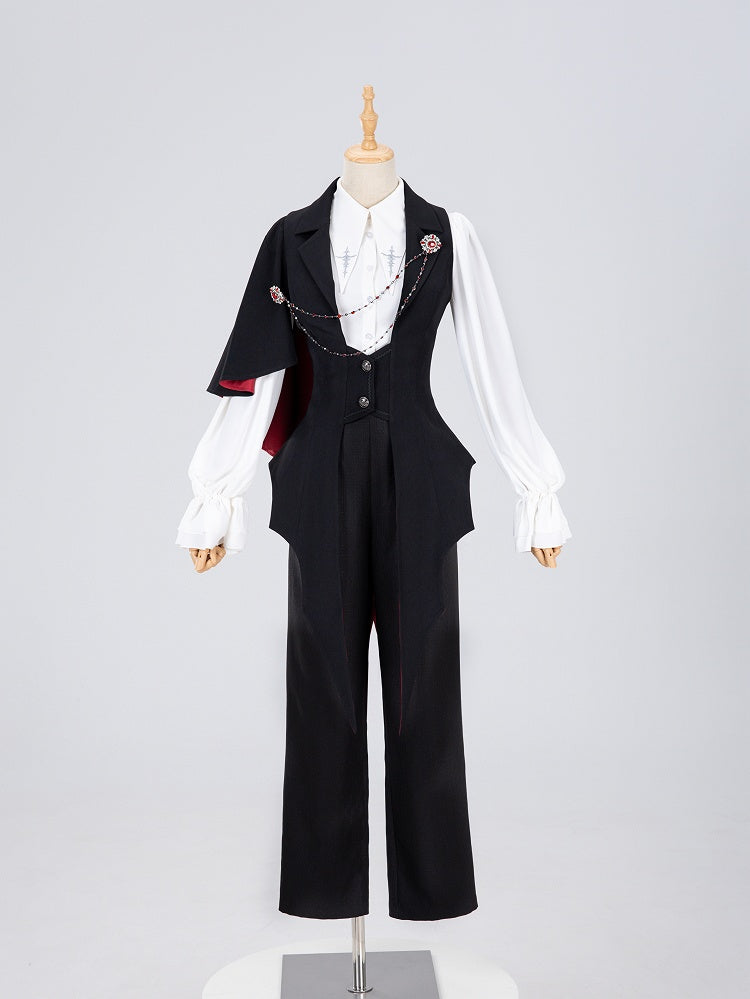 Vampire Prince Black and Red Split-Tail Waistcoat with One-Shoulder Cape - DevilInspired Exclusive Collection