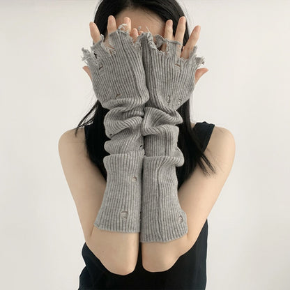 Distressed Holes Fingerless Knitted Long Gloves