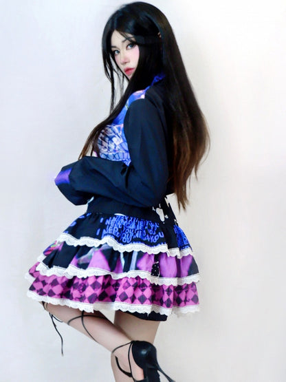 レッドダイヤモンドハート柄プリントY2Kスケルトンスカートローズボーンティアード