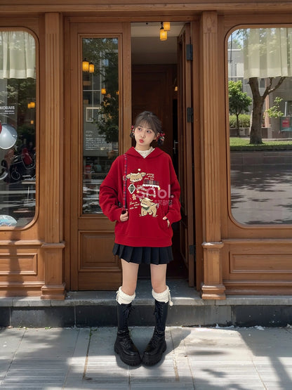 Christmas Red Cute Reindeer Appliques Thick Hoodie