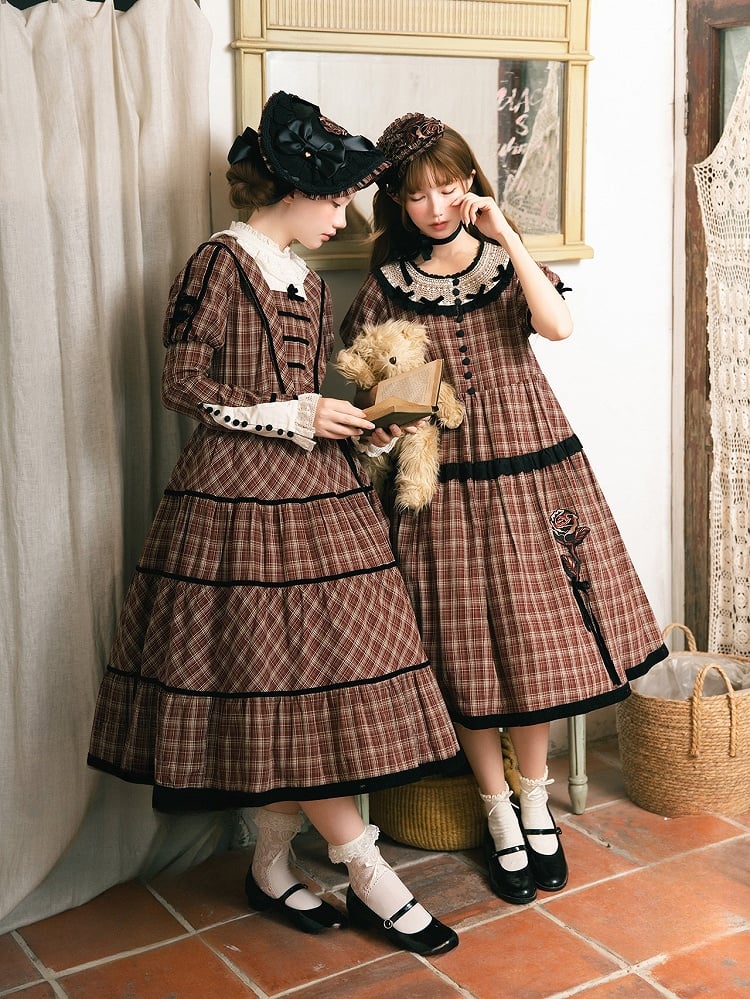 Neckline with Lace Black Long Classic Plaid Sleeves Lolita Dress Elegant Red and Piping