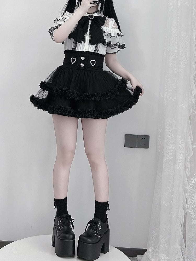 Sleeves Blouse Illusion Neckline White Short Contrast Black Lace with Jirai Kei Trim