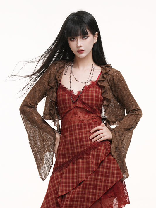 Coffee Punk Ruffled with Cardigan Fitted Slit Collar Cuffs