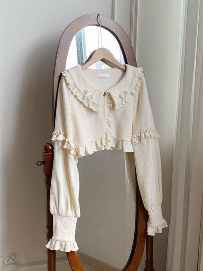 and Cardigan for Autumn Beige Winter Cropped Ruffle Trimming