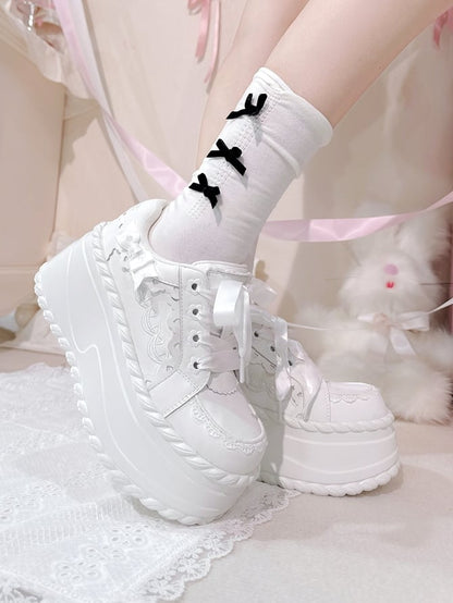 Buttercream White Kawaii Platform Lace-Up Edging Sneakers Classic - Ruffle