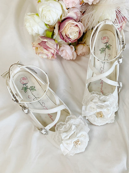 Heart Lolita - Mary Sweet Block Closure High Heel Janes White with Rhinestone