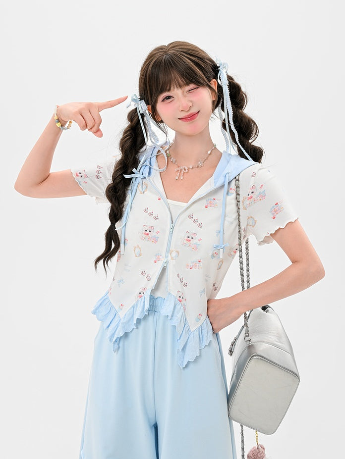 ジップアップフード付きキュートなキティプリントカーブヘムレースブルートリムTシャツ