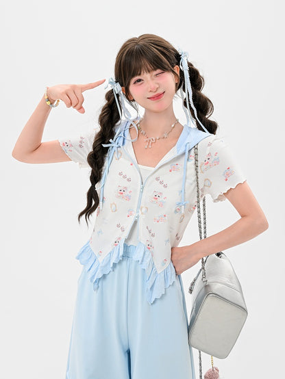 ジップアップフード付きキュートなキティプリントカーブヘムレースブルートリムTシャツ