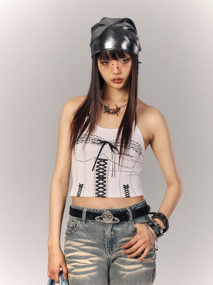 Front Black Cami Bow Top Punk Graffiti with Crop White Lace-Up Corset Print