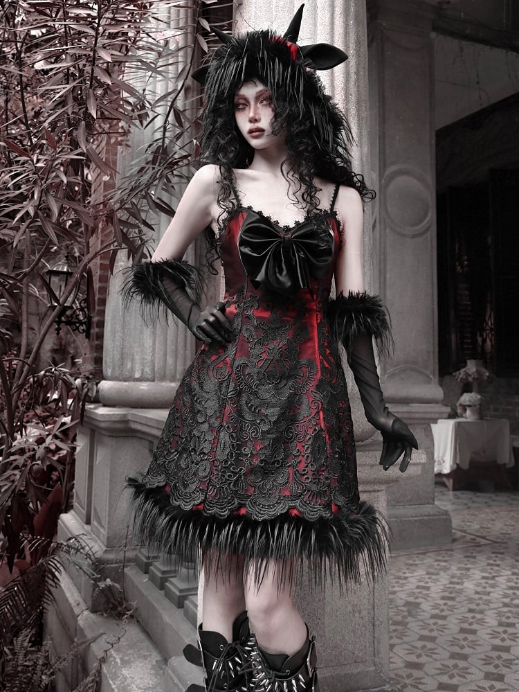 Rotes neues Kleid PU Big Bow Mieder Goth Vampir Spaghettiträger Kleid