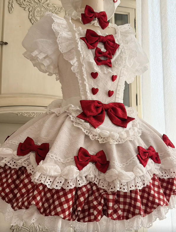 Red & White Sweet Plaid Lace Trim Bow Lolita OP with Apron - Asleep Townlet