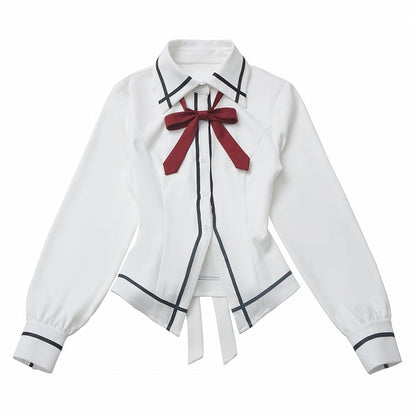 White Pointed Flat Collar Shirt With A Bow Tie