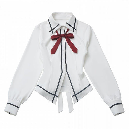 White Pointed Flat Collar Shirt With A Bow Tie