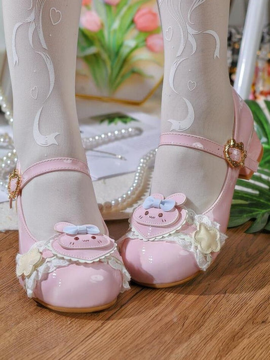 Ear Mary Lolita PU Light Sweet Janes with Heart Rabbit Pink Accents Bunny Floral Theme Top - at