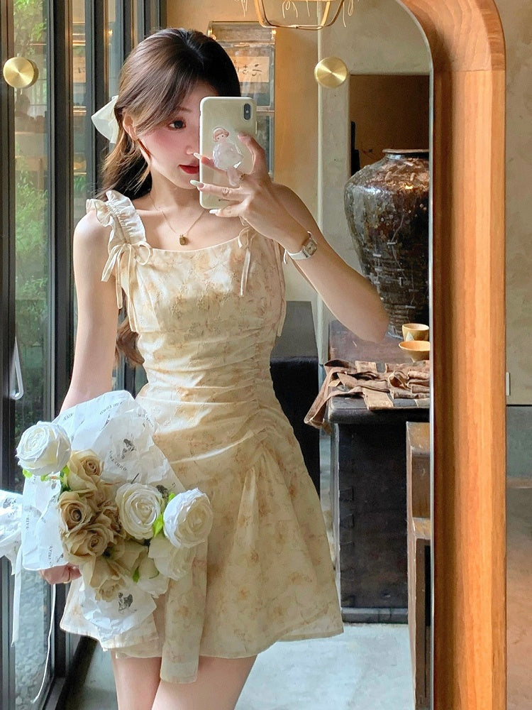 Light Yellow Floral Print Summer Holiday Dress - Qchiwawameme
