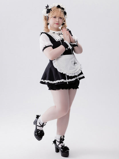 Jirai-kei Maid 4-Piece Set: Dress, Wrist Cuffs, Bloomers, Apron - Fluffy Heart