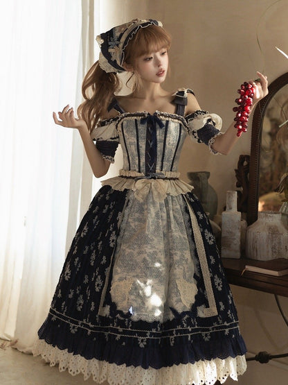 ブルーのオープンショルダーキャビンコルセットトップ + ダークブルーの花柄ロリータスカート