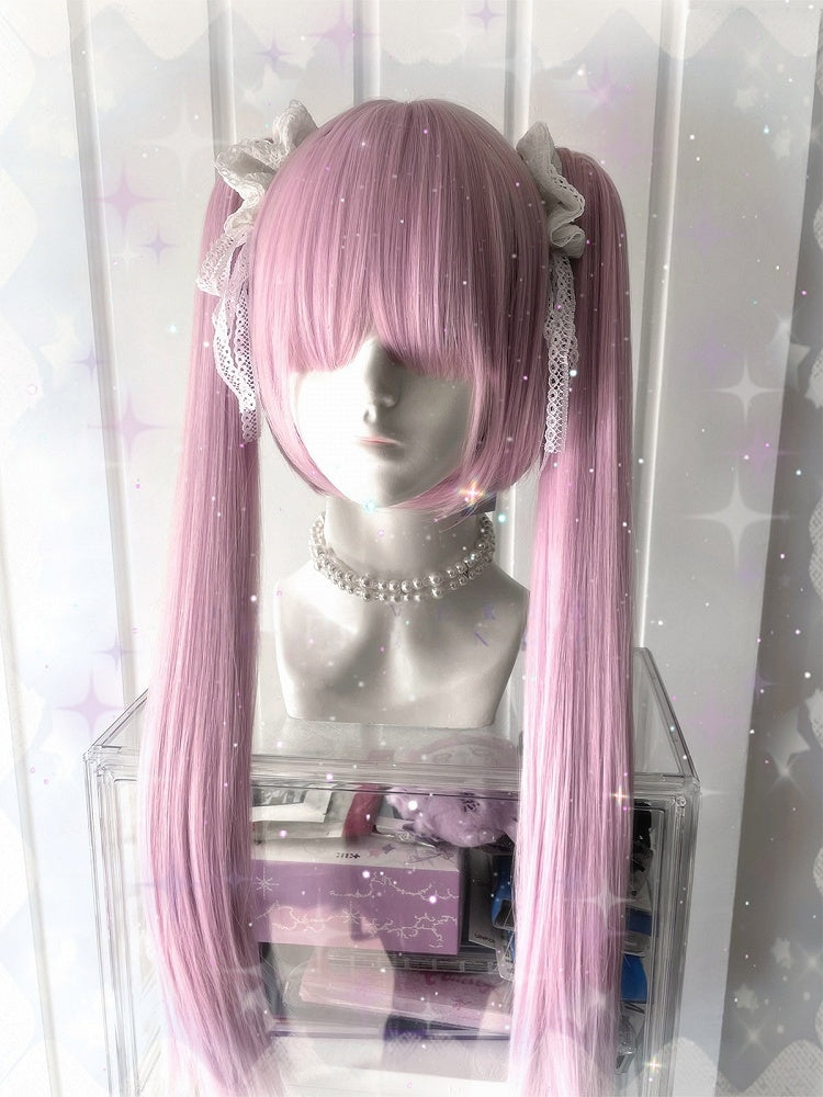 Clip Wig Pink Double Bangs Hair Short Ponytails Full with Claw