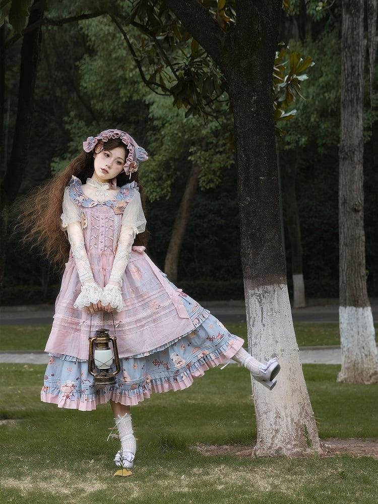 Print Cookie + Rosa Kopftuch Volles Lolita-Kleid Broschen Süße und Schürze Blau Set Dreieckiger Hamster