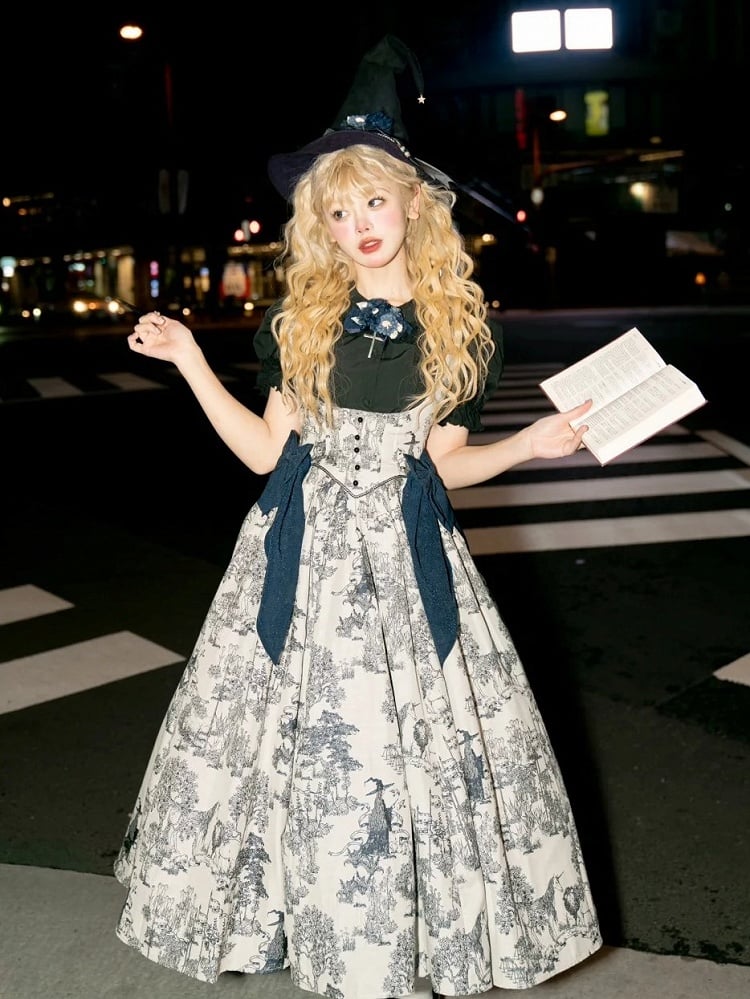 Wood Blue Skirt Dark White Bust Lolita Animals Boned Jumper Print and Basque Waist Under