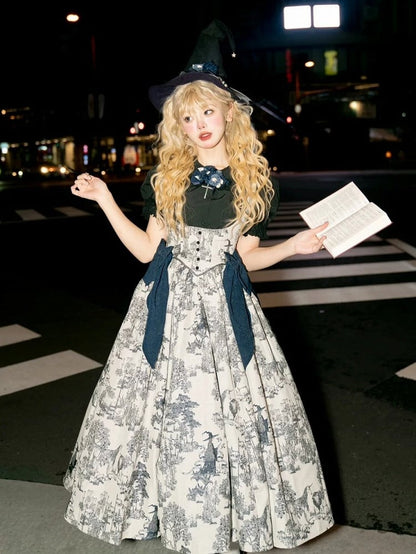 Wood Blue Skirt Dark White Bust Lolita Animals Boned Jumper Print and Basque Waist Under