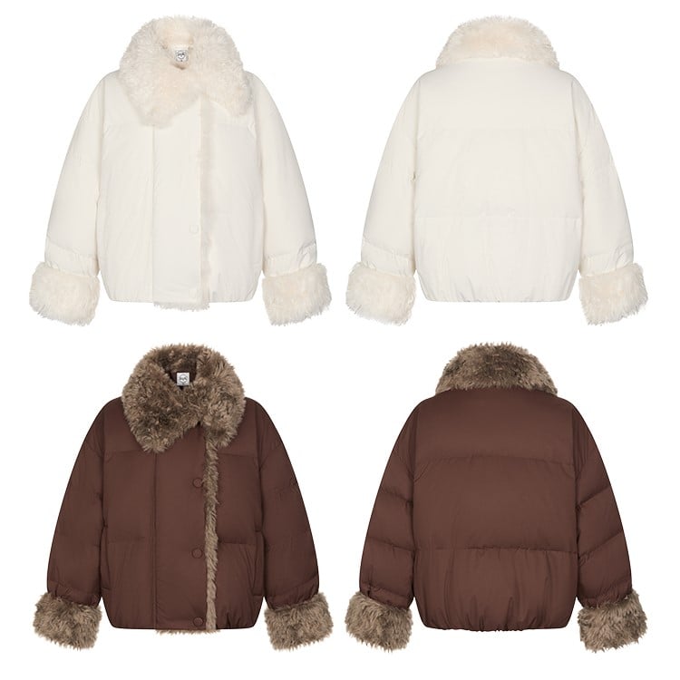 Beige/Brown Short Puffer Jacket with Faux Fur Trim and White Duck Down Filling