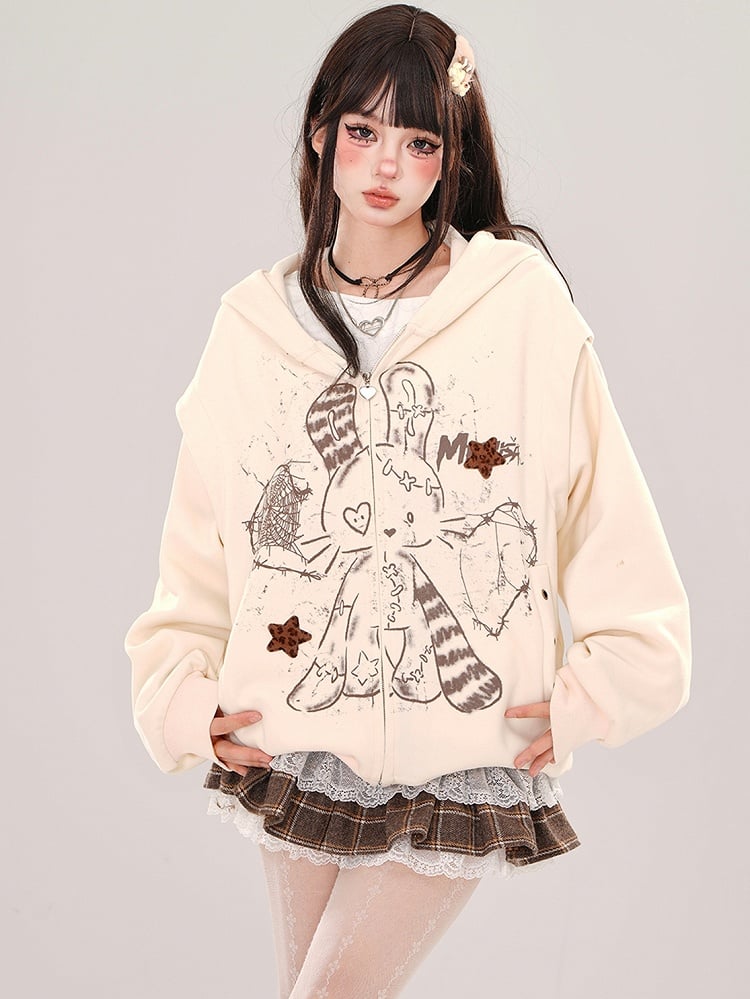 Apricot Rabbit Bear Ears Loose Zip Hoodie