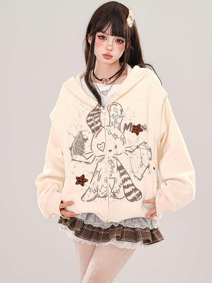Apricot Rabbit Bear Ears Loose Zip Hoodie