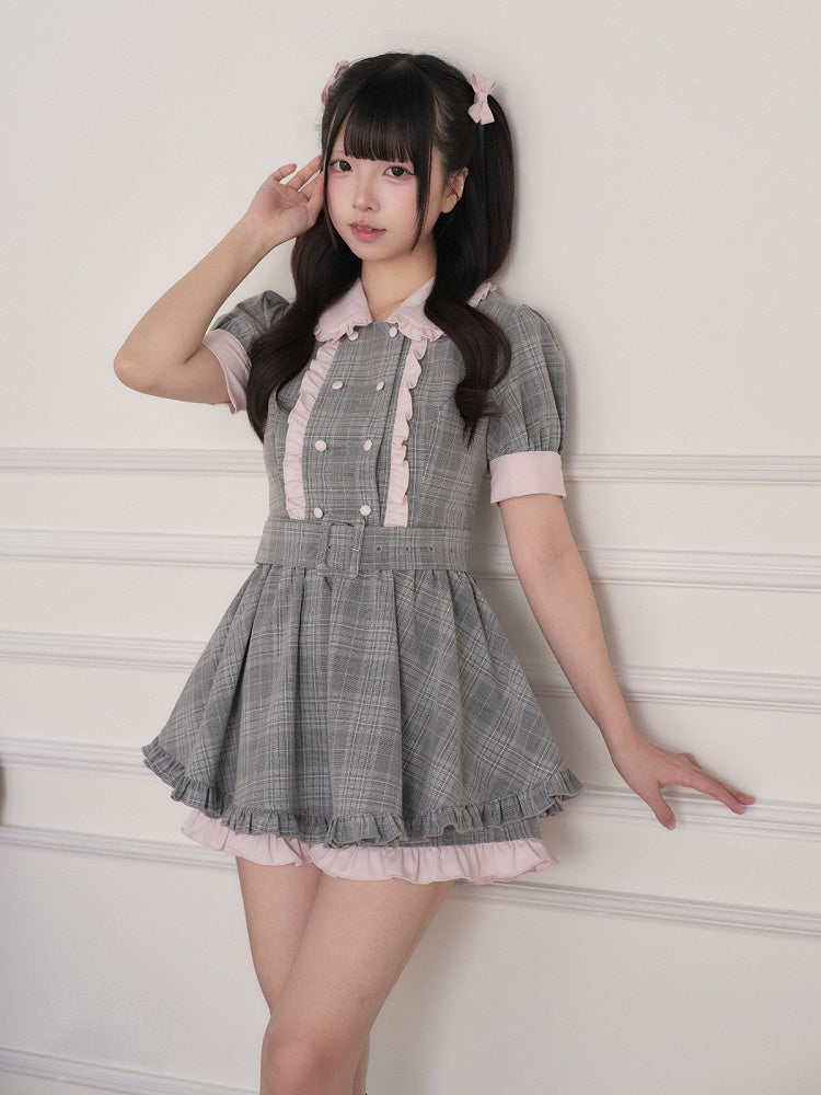 Gray Plaid Dress with Belt and Shorts Set - No Genki