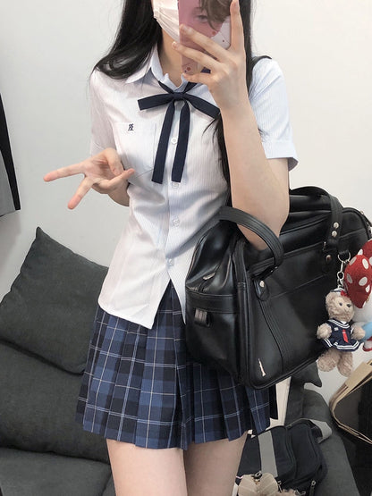 Short Sleeves Preppy Style Uniform Shirt Blue/Gray/Green Striped JK Pattern