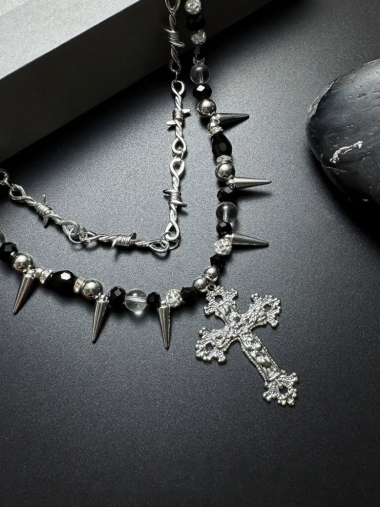 Punk Black & White Beaded Layered Necklace with Spikes and Cross - YSHXS