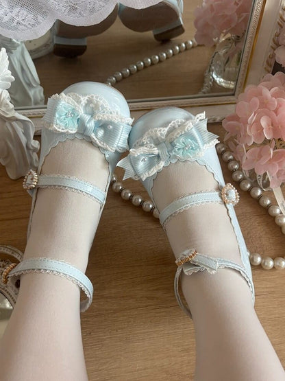Elegant Lace Bow Round Toe Pumps - 2.5cm Low Heels - Blossoms