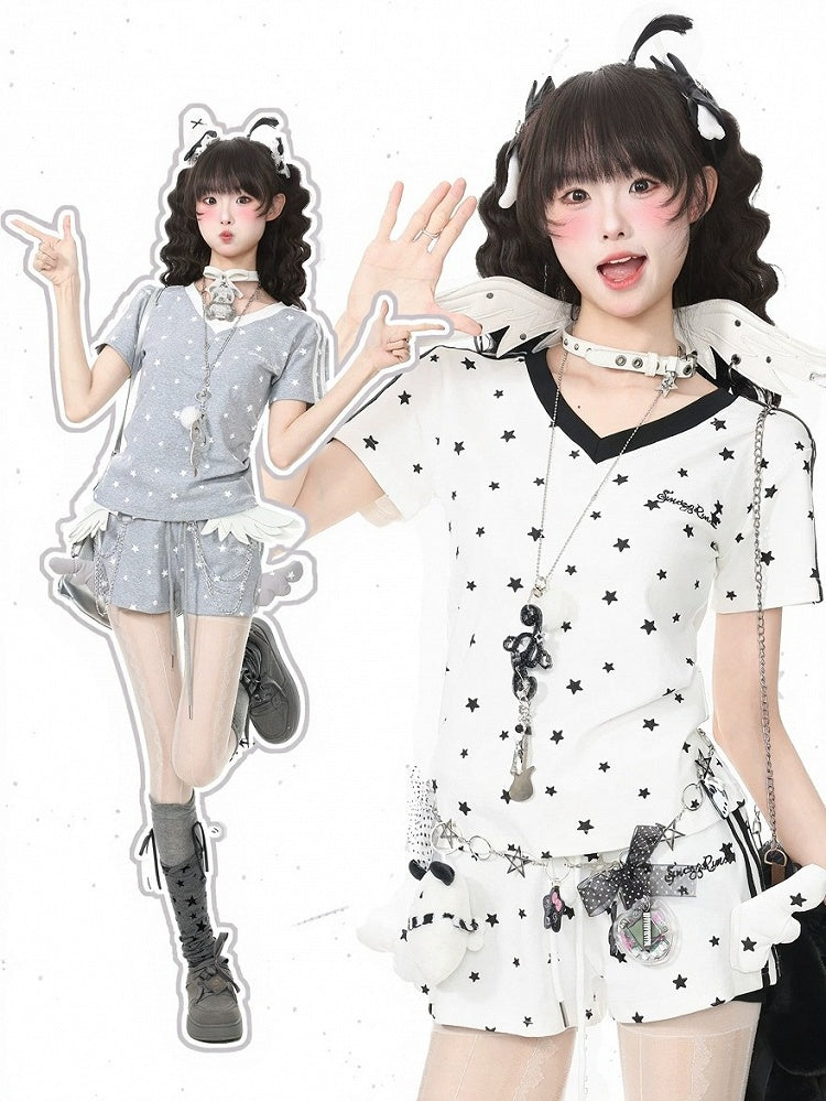 White Star Print V-Neck Tee with Wing Back Design - Languid Park