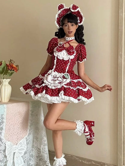 Hairband Retro Themed with Bow Dress Strawberry Ear + Bunny Details OP Polka Lolita Lace Red and Dot