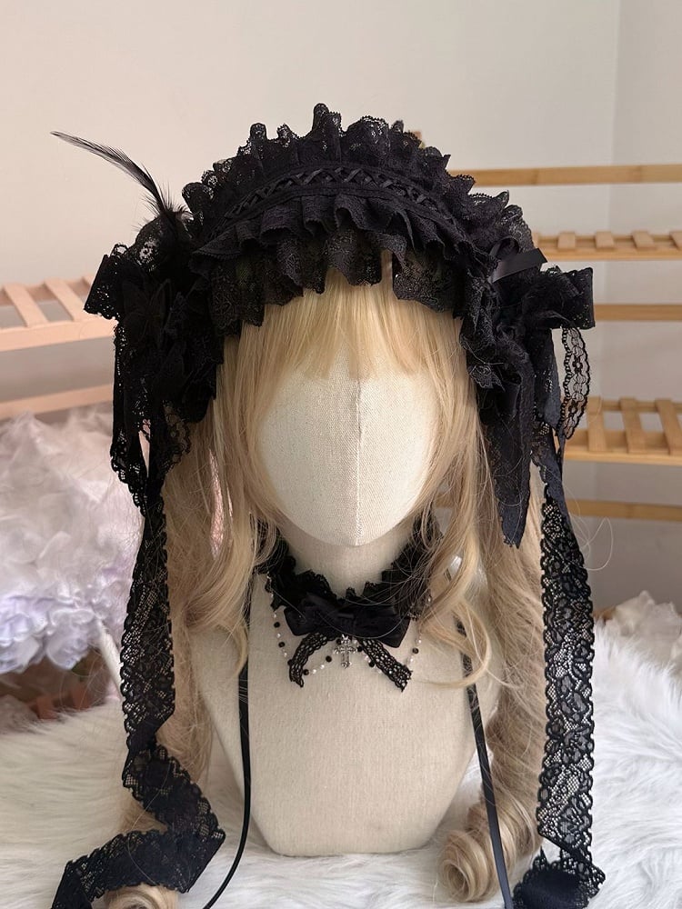 and Lace with Feather Embellished Hairband White/Black Ribbon