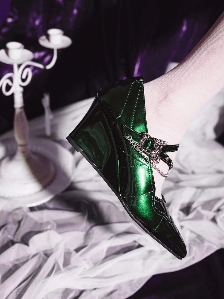 Pointed Toe Green 7cm Mary Heel Chunky Gothic in Cross Jane Subculture Embroidery Shoes with