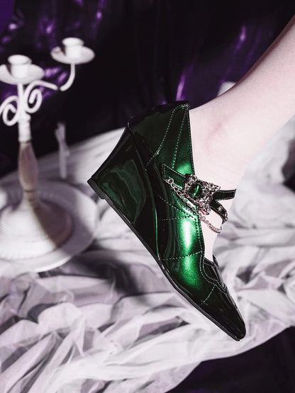 Pointed Toe Green 7cm Mary Heel Chunky Gothic in Cross Jane Subculture Embroidery Shoes with
