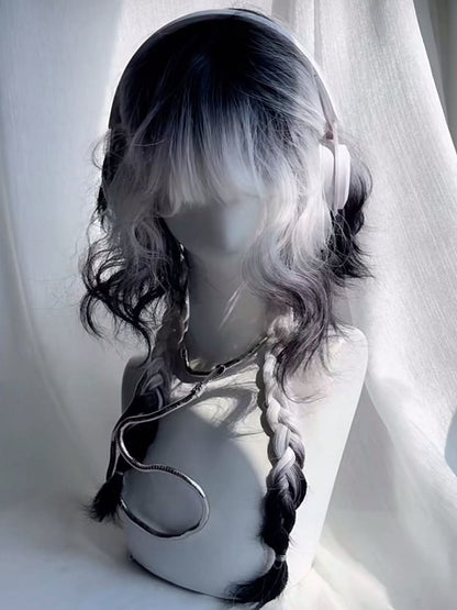 Wig Ombre with Full Black White Wavy Short Braids Bangs