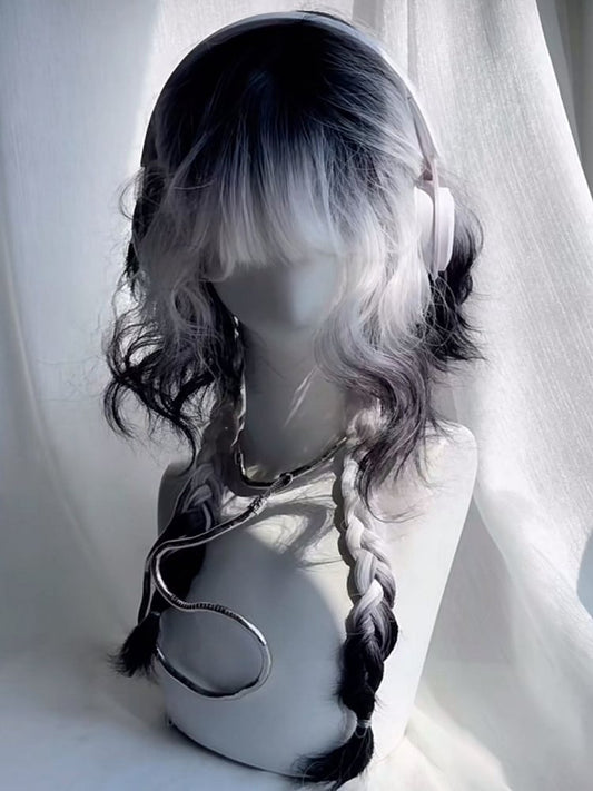Wig Ombre with Full Black White Wavy Short Braids Bangs