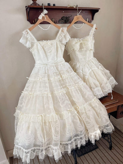 Perlen Schleife Creme Prinzessin Akzente Weiß Ausschnitt Band Kleid Lolita