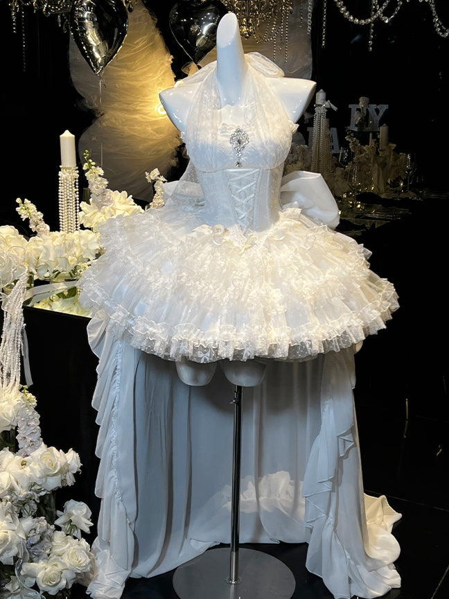 Weißes Hanayome Lolitacore-Kleid mit Neckholder und baskischer Taille zum Selbstbinden