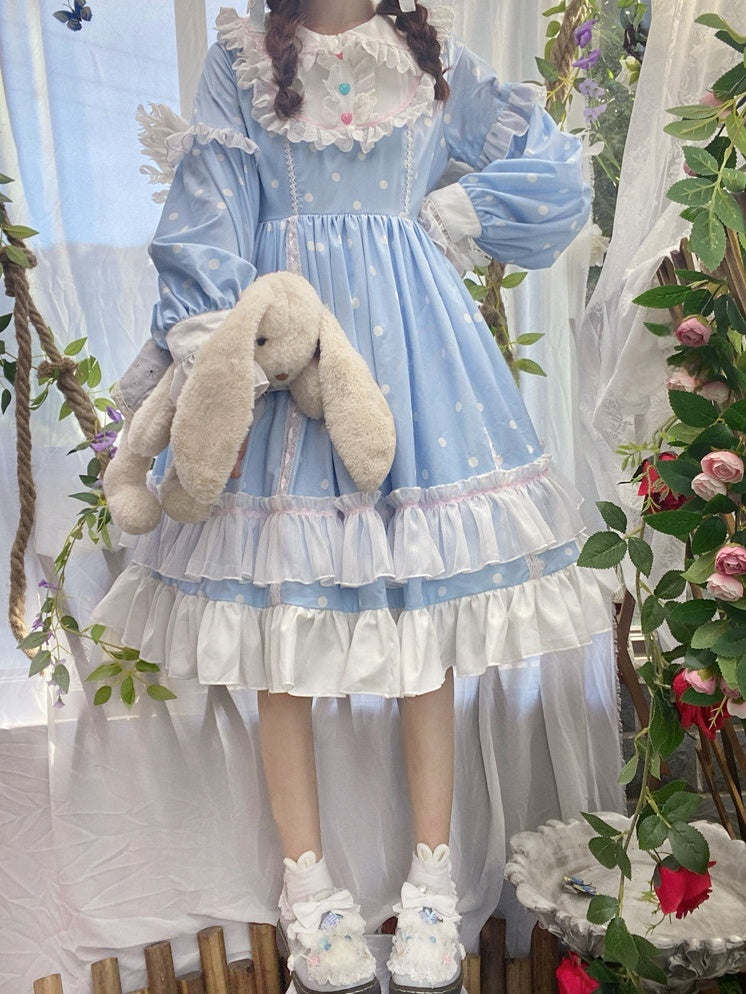 Lolita Long Sleeve Ruffle OP Blue Fresh Dot Dress Details with Polka