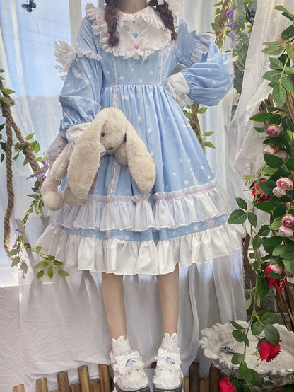 Lolita Long Sleeve Ruffle OP Blue Fresh Dot Dress Details with Polka